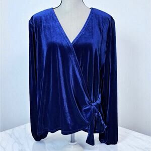 NWT NY & Company Womens Plus Royal Blue Velvet Blouson Long Sleeve Wrap Top XXL